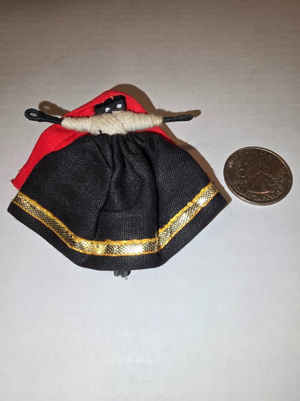 Pin Folk Art Doll Handmade Yarn Painted Black Skirt Red Scarf 2.25" 1980s